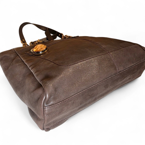 FENDI Tote Shoulder Bag Tortoise Shell Chaim Handle Purse Charcoal Brown Leather - Picture 5 of 10